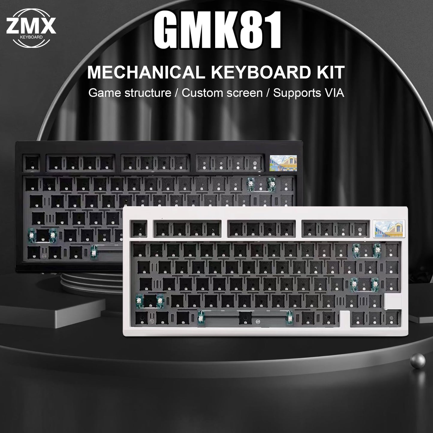 ZMX GMK81 Barebones Keyboard with Screen,75% VIA Programmable Hot Swappable PCB Gasket Mounted Wireless Mechanical Keyboard Kit Tri-Mode BT5.0/2.4G/USB-C Wired Custom RGB Gaming DIY Kit