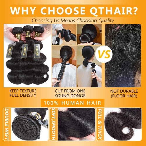 QTHAIR 16A Grade Brazilian Virgin Body Wave Hair (12 14 16,300g/10.5OZ,Natural Black)100% Unprocessed Brazilian Body Wave Virgin Human Hair Extensions Body Wavy Brazilian Human Hair for All Women