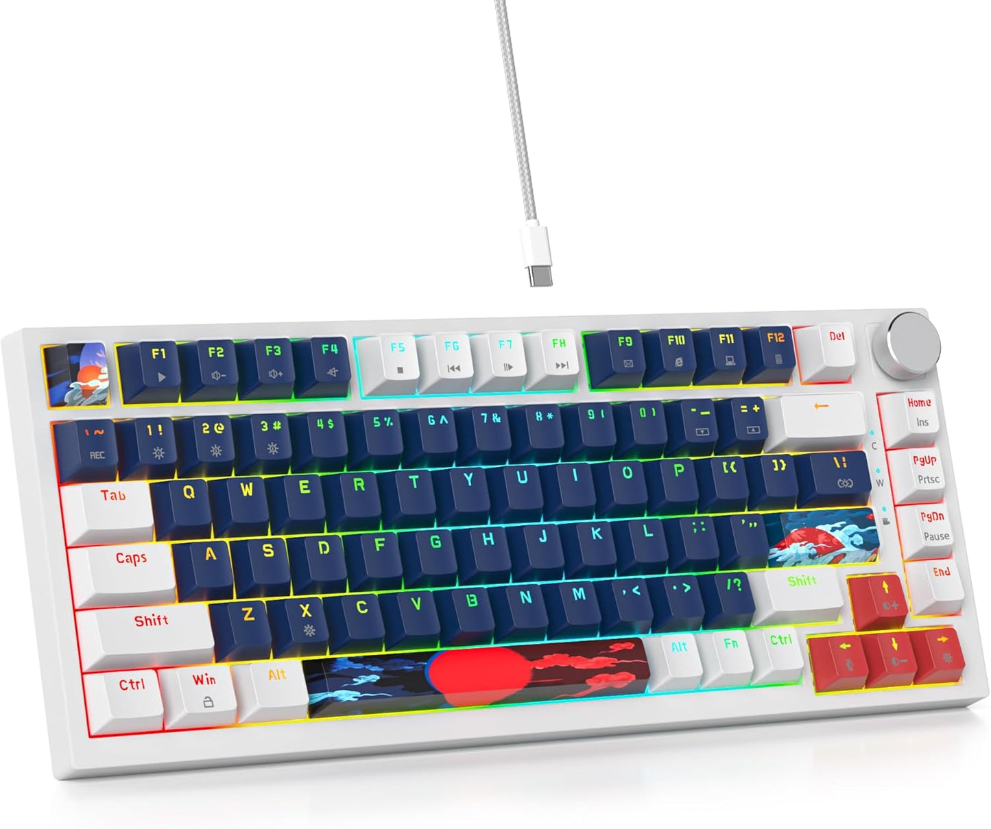 75 Percent Keyboard Gasket-Mounted with Sound Absorbing Pads, 82-Key Compact Wired RGB Mechanical Gaming Keyboard Hot-Swap Socket for Win, Fog Blue
