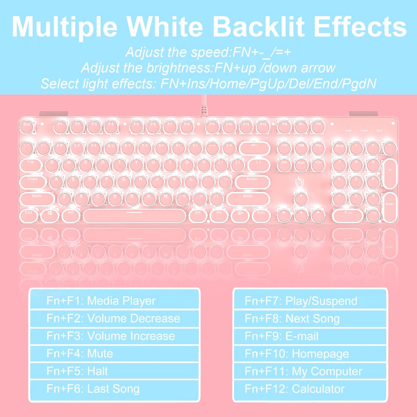 YSCP Typewriter Style Mechanical Gaming Keyboard LED Backlit Wired with Blue Switch Retro Round Keycap 104 Keys Keyboard (Pink 104Keys LED)