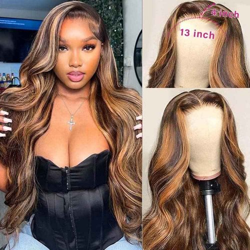 newnavatHoney Blonde Lace Front Wig Human Hair Glueless Wigs Human Hair Pre Plucked 13x4 HD Body Wave Lace Front Wigs 4/27 Colored Highlight Ombre Lace Front Wigs For Black Women Human Hair (28in)