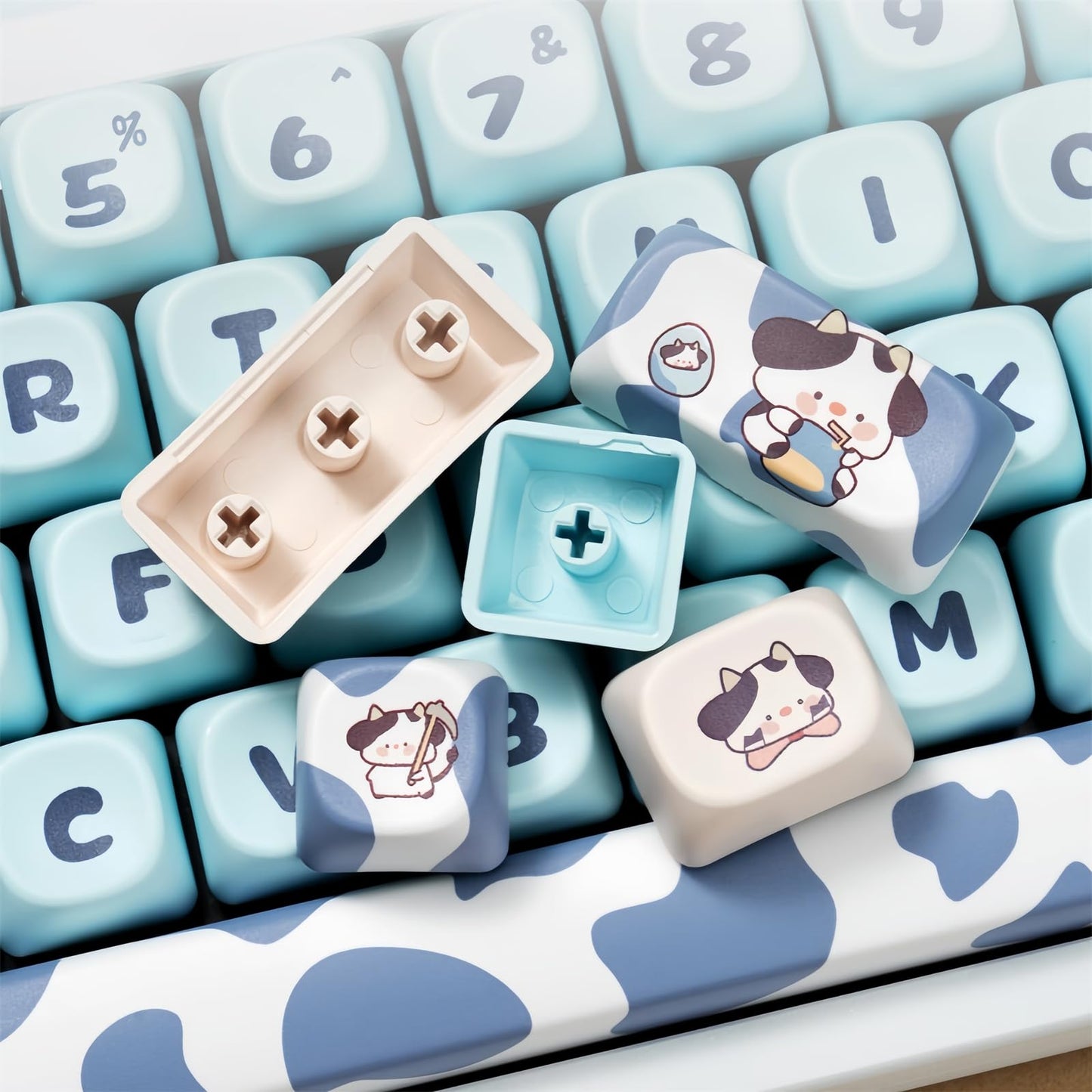 ZMX Cute MOA Keycaps,Kawaii Milk-Cow Round Keycap Custom Full Size Keycap Set Dye-Sub Thick PBT Key Cap for Cherry MX Switch 75% 60% Mechanical Gaming Keyboard Creamy Keycaps (142Keys)