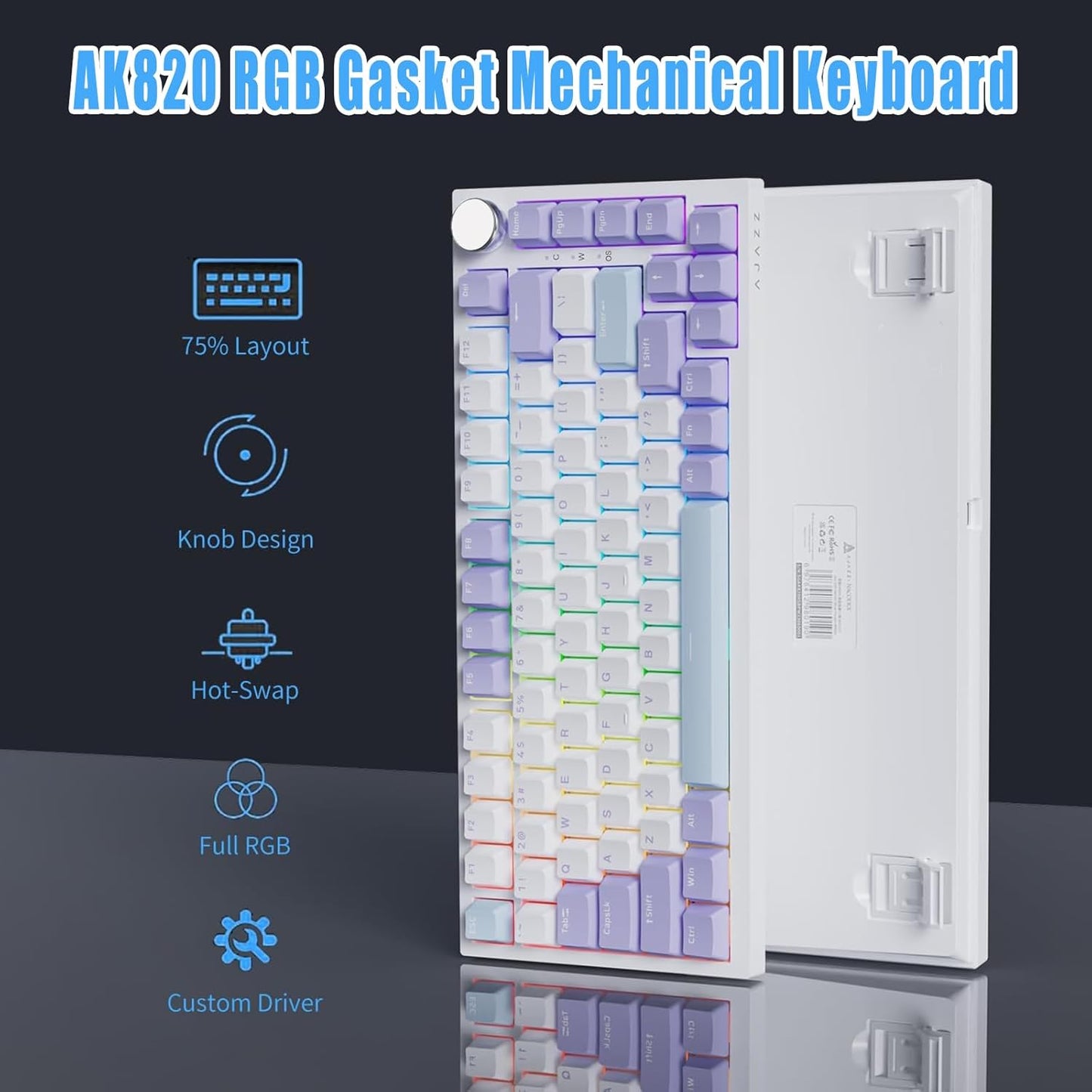 AJAZZ AK820 Pro 75% Gasket RGB Wireless Mechanical Keyboard with TFT Screen, Volume knob, Bluetooth/2.4G/Wired 3-Modes, Compact 82 Hot-Swap Keys, Tricolor PBT Keycap, 4000 mAh (Purple&Blue 3-Modes)