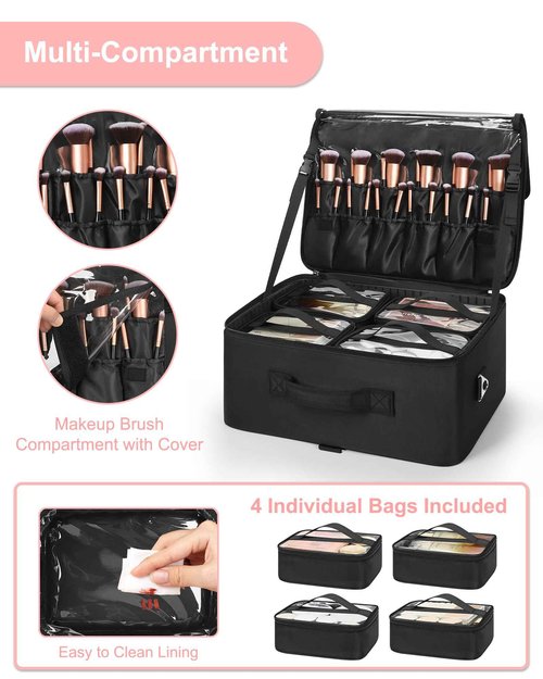 Relavel Extra Large Makeup Case Professional Cosmetic Storage Organizer Box Brush Holder with 4 Clear Set Bags & Lipstick Plate for Makeup Artists with Shoulder Strap & Adjustable Dividers