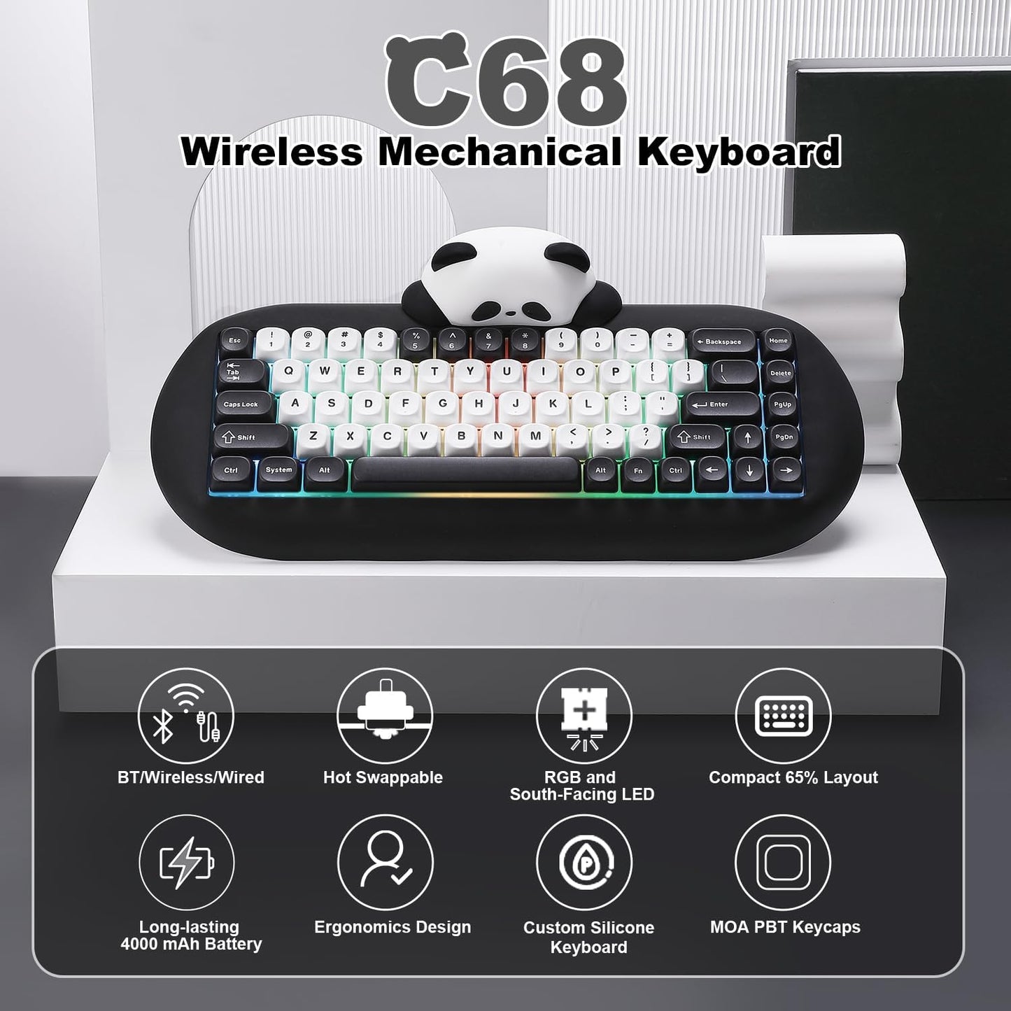 YUNZII C68 Wireless Mechanical Keyboard,65% Layout,Hot Swap,Triple Mode BT5.0/2.4G/Wired, RGB Backlit NKRO,Cute Cat Silicone Ergonomic Design for Win/Mac (Brown, Milk Switch)