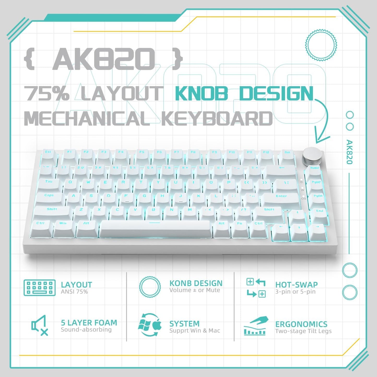 Attack Shark ajazz AK820 Wired Mechanical Gaming Keyboard with Volume Knob Hot Swappable 75% Gasket Keyboard 5-Layer Noise Absorbing Foam PBT Keycap Ice Blue Backlit Blue Switch for PC/Win/Mac-White