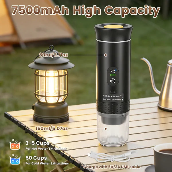 Portable 3-in-1 Espresso Machine Cordless Self-Heating Coffee Maker with 7500mAh Battery - Black