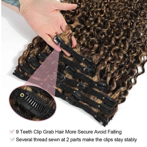 Urbeauty Curly Clip in Extensions Remy Human Hair Brown Highlight Blonde Natural Wavy Hair Extensions 20 Inch 120g Triple Weft Clip in Hair Extensions Full Head Kinky Curly Human Hair 4/27 Color