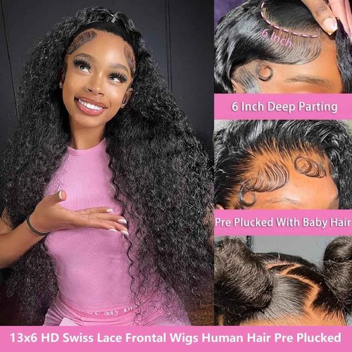 Tholap 30 Inch 13x6 Deep Wave Lace Front Wigs Human Hair 200 Density 13x6 HD Lace Front Wigs Human Hair Pre Plucked Deep Curly Glueless Wig 100% Virgin Human Hair Lace Front Wigs for Women