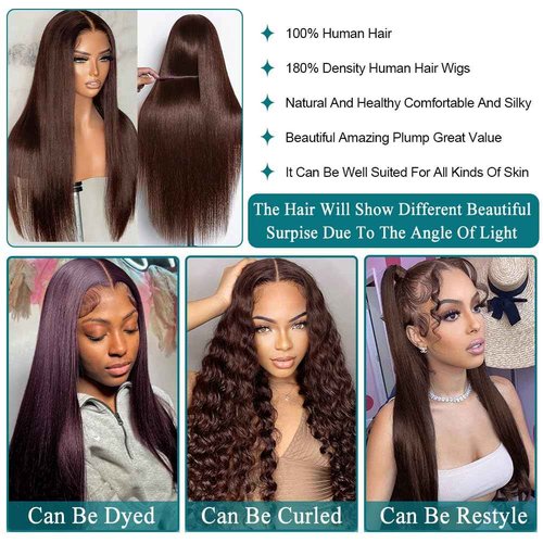 Azkiu 32 Inch Brown Straight Lace Front Wigs Human Hair Straight 13x4 HD Lace Frontal Human Hair Wig Pre Plucked 180% Density Brazilian Virgin Human Hair Wig with Baby Hair for Women