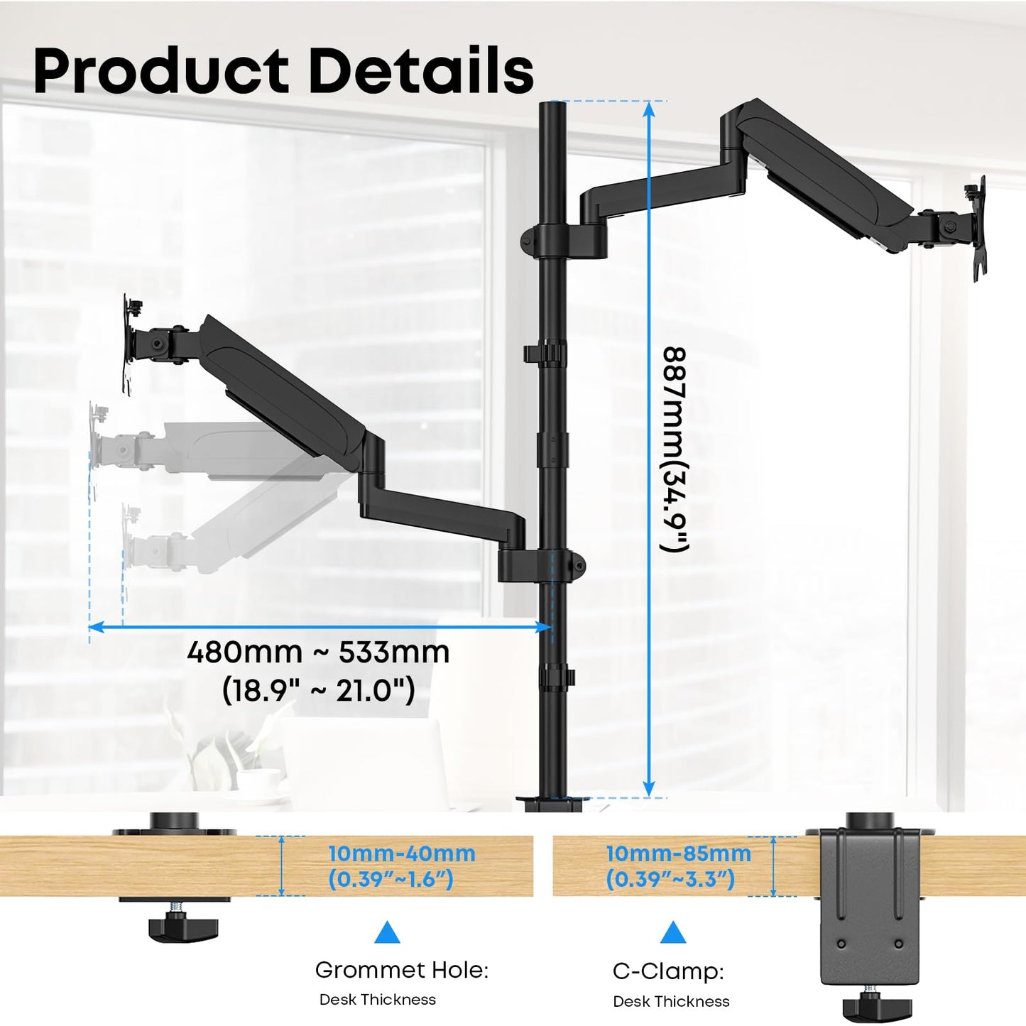 17-32'' Vertical Monitor Stand, 34.9'' Long Pole Stand, Max Load 19.8 lbs, Adjustable Tilt/Swivel/Rotate WORLDLIFT Dual Stacked Monitor Mount, VESA 75 * 75/100 * 100mm