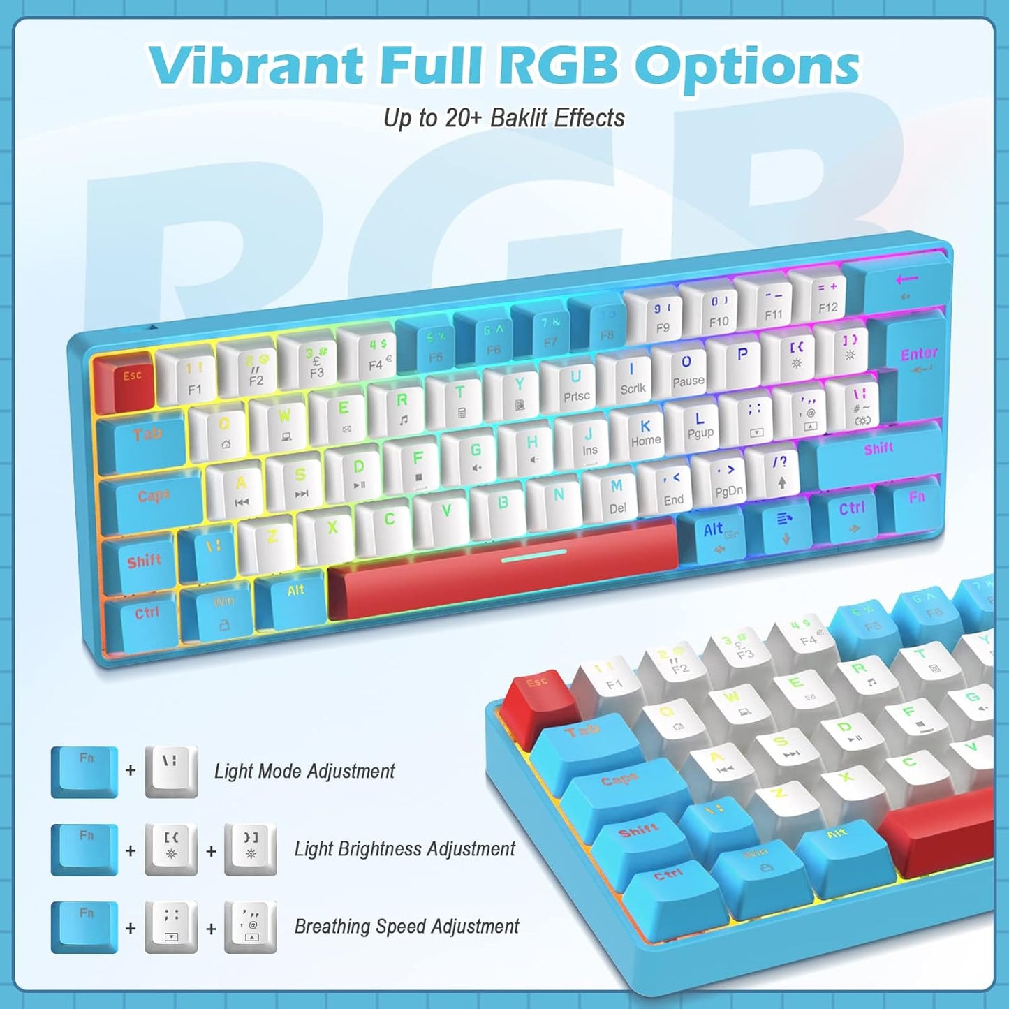 ZIYOU LANG RK-T60 Wired Mechanical Gaming Keyboard and Mouse Combo Portable with Rainbow Backlit 62Key NKRO 6400DPI RGB Honeycomb Mice Coiled Aviator Cable for PS4/PC/WIN Gamer(Dark Gray/Blue Switch)