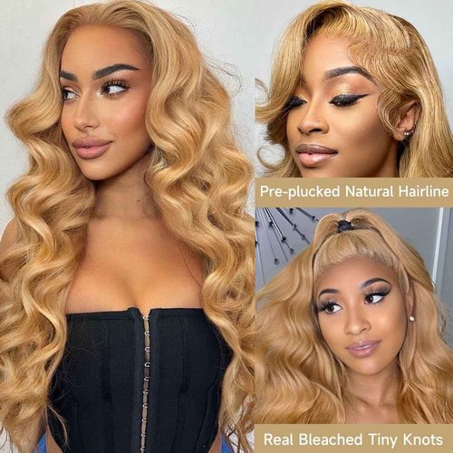 Honey Blonde Wig Human Hair 200 Density 13x4 HD Lace Front Wigs Human Hair Pre Plucked Body Wave Honey Blonde Wig Human Hair 27# Colored Glueless Wigs 16 Inch