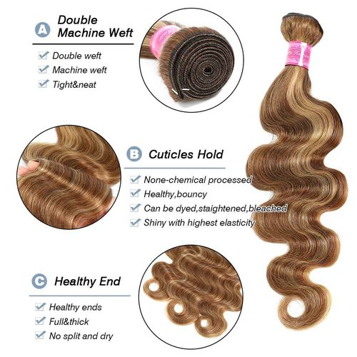 Brown Highlight Body Wave Bundles Human Hair 100% Unprocessed Brazilian Virgin Hair Honey Blonde Human Hair Body Wave Bundles Hair Extensions Wet and Wavy 3 Bundles for Black Women