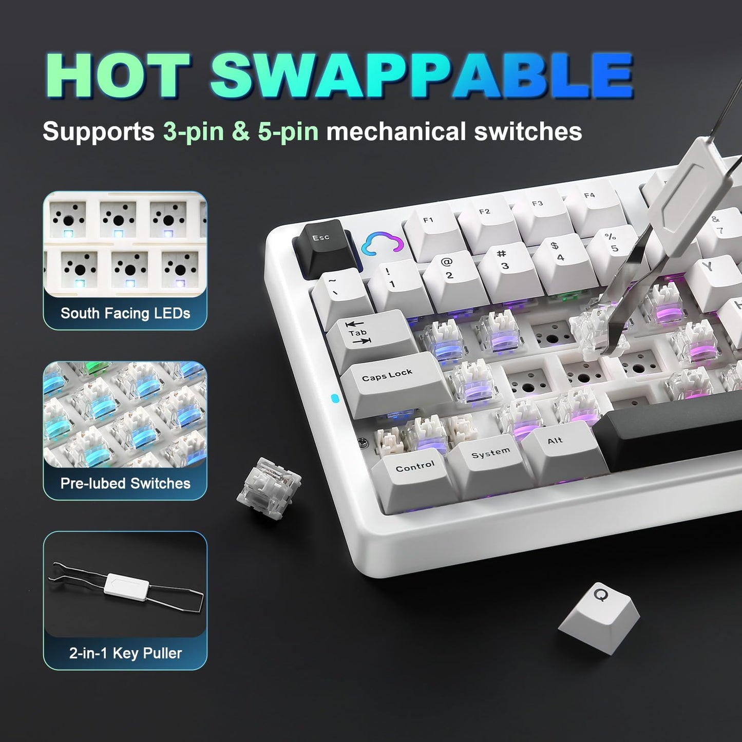 YUNZII AL98 QMK/VIA Wireless Mechanical Gaming Keyboard,Full Aluminum,BT/2.4G/USB-C, Pre-Lubed Hot Swappable Gasket Mount 1800 Layout,RGB Backlit for Win/Mac (White, Milk Switch)