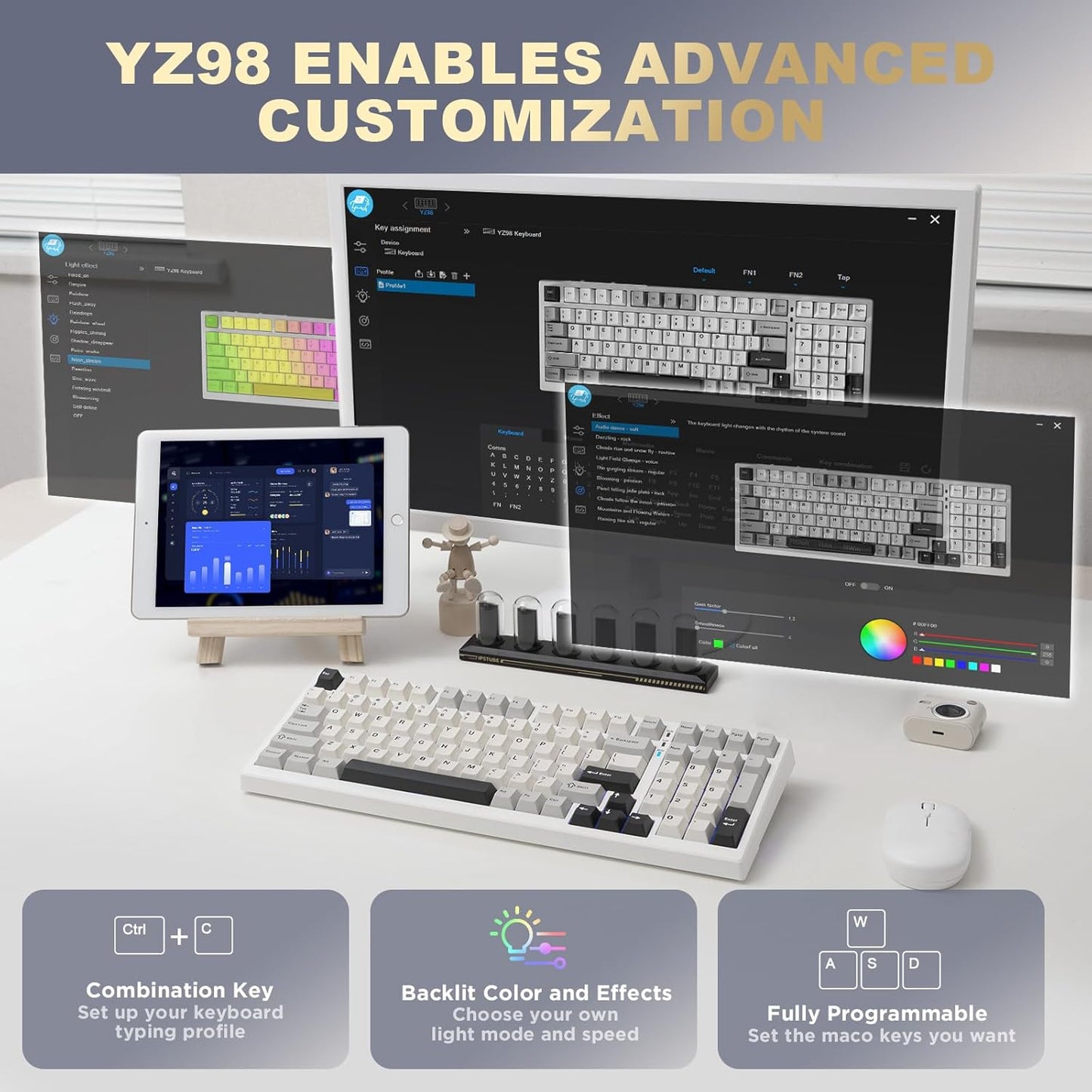 YUNZII YZ98 Gasket Mechanical Keyboard,99 Key Hot Swappable BT5.0/2.4G/USB-C Wireless NKRO 98% 1800 Layout with RGB LED Backlit for Linux/Win/Mac(Black, Cocoa Cream V2 Switch)