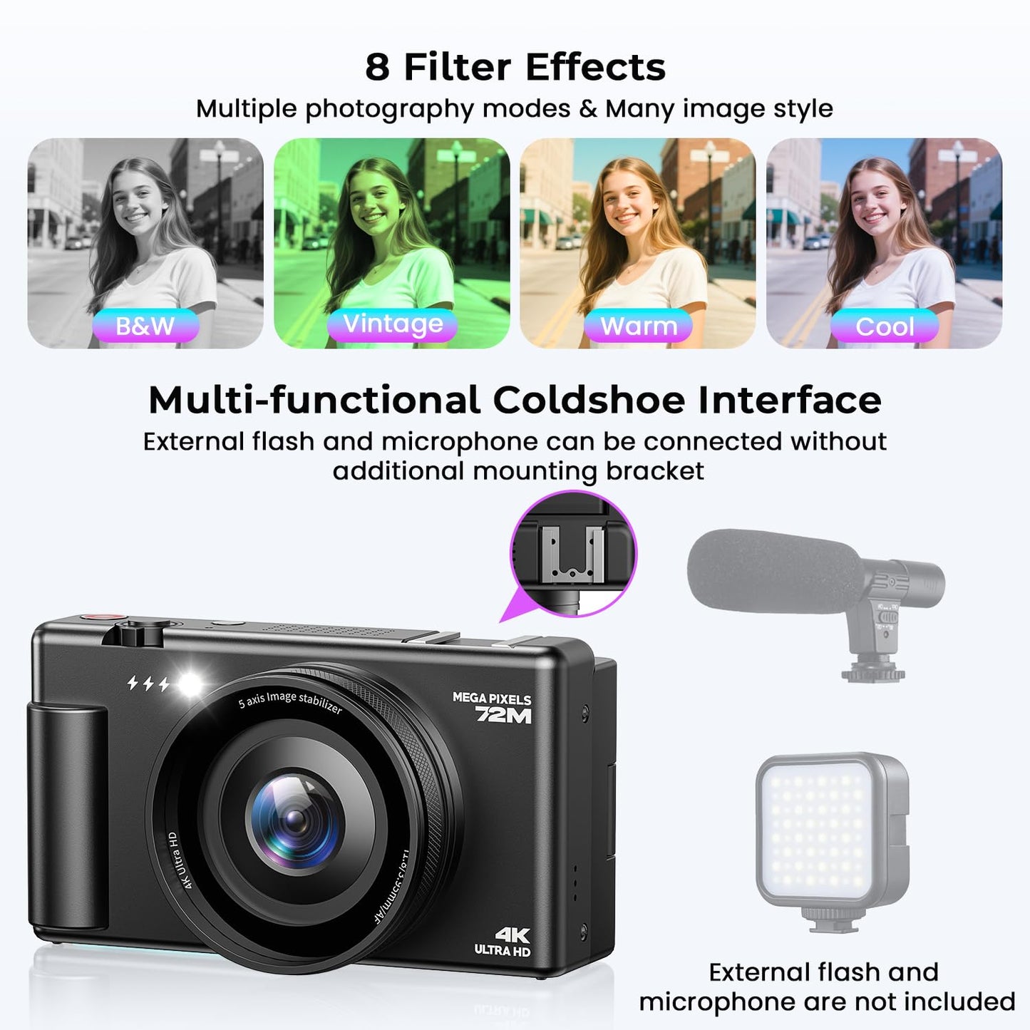 4K Digital Camera for Photography, 72MP Autofocus Vlogging Cameras for YouTube with 64GB SD Card and Battery, 18X Digital Zoom 2.8" 270° Flip Screen Compact Travel Camera for Teens