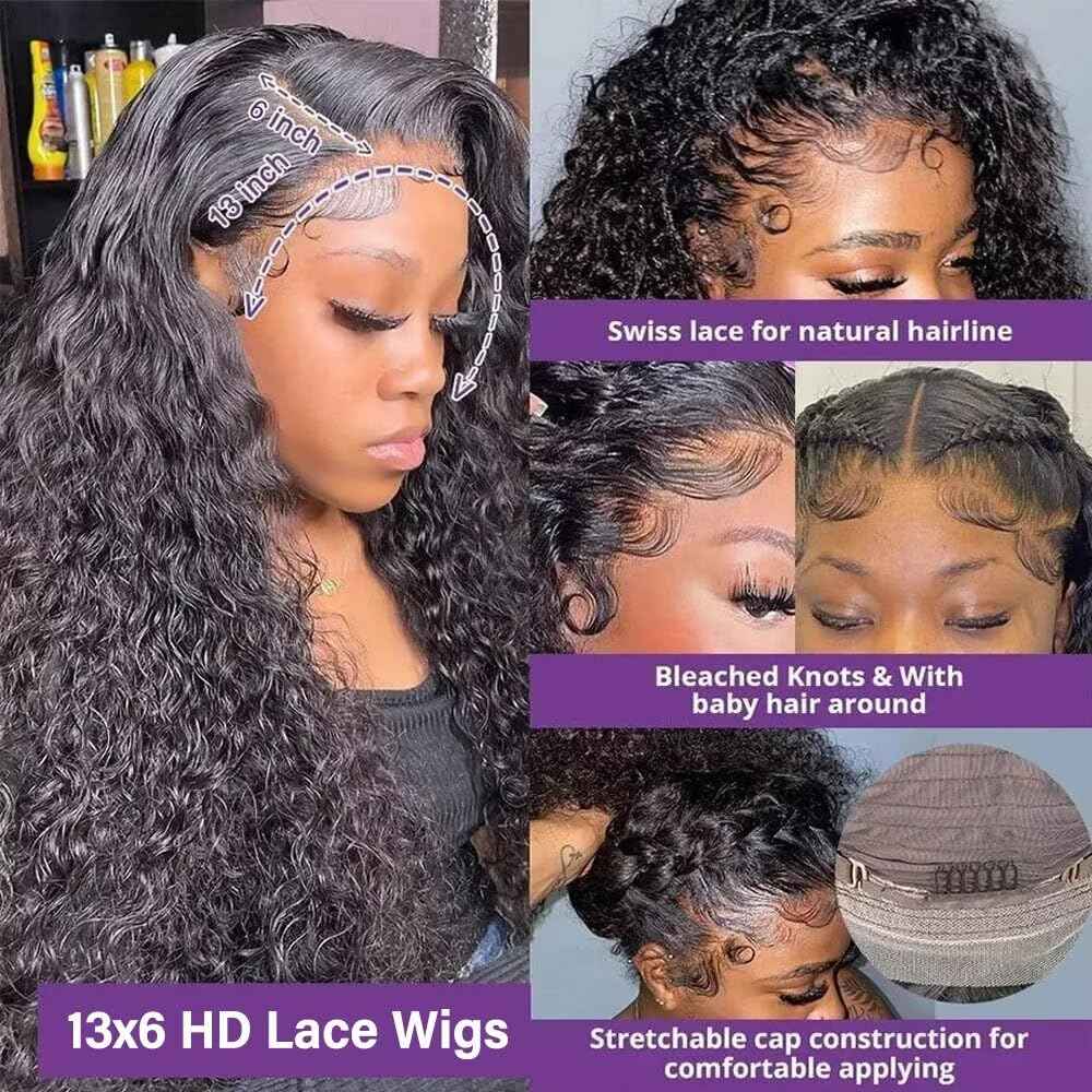 28 Inch 13x6 Deep Wave Lace Front Wigs Human Hair 200 Density HD Transparent Lace Frontal Wigs Human Hair 13x6 Pre Plucked Deep Curly Glueless Wig 100% Virgin Curly Human Hair Wig for Black Women