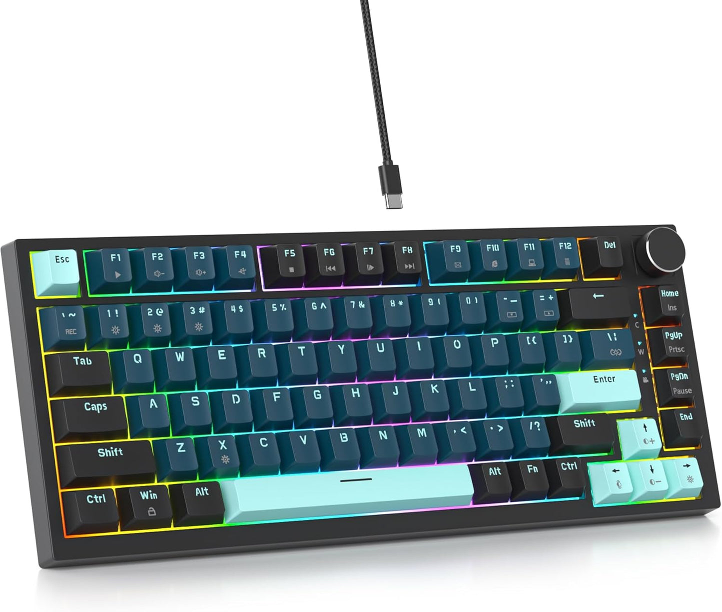 75 Percent Keyboard Gasket-Mounted with Sound Absorbing Pads, 82-Key Compact Wired RGB Mechanical Gaming Keyboard Hot-Swap Socket for Win, Fog Blue