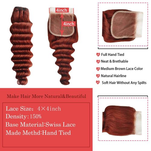 Loose Deep Wave Bundles with Closure Human Hair 12a Reddish Brown 3 Bundles Human Hair with Lace Closure Color 33Copper Reddish Brown Bundles with Closure (Loose Deep Wave 12 14 16 +12free)