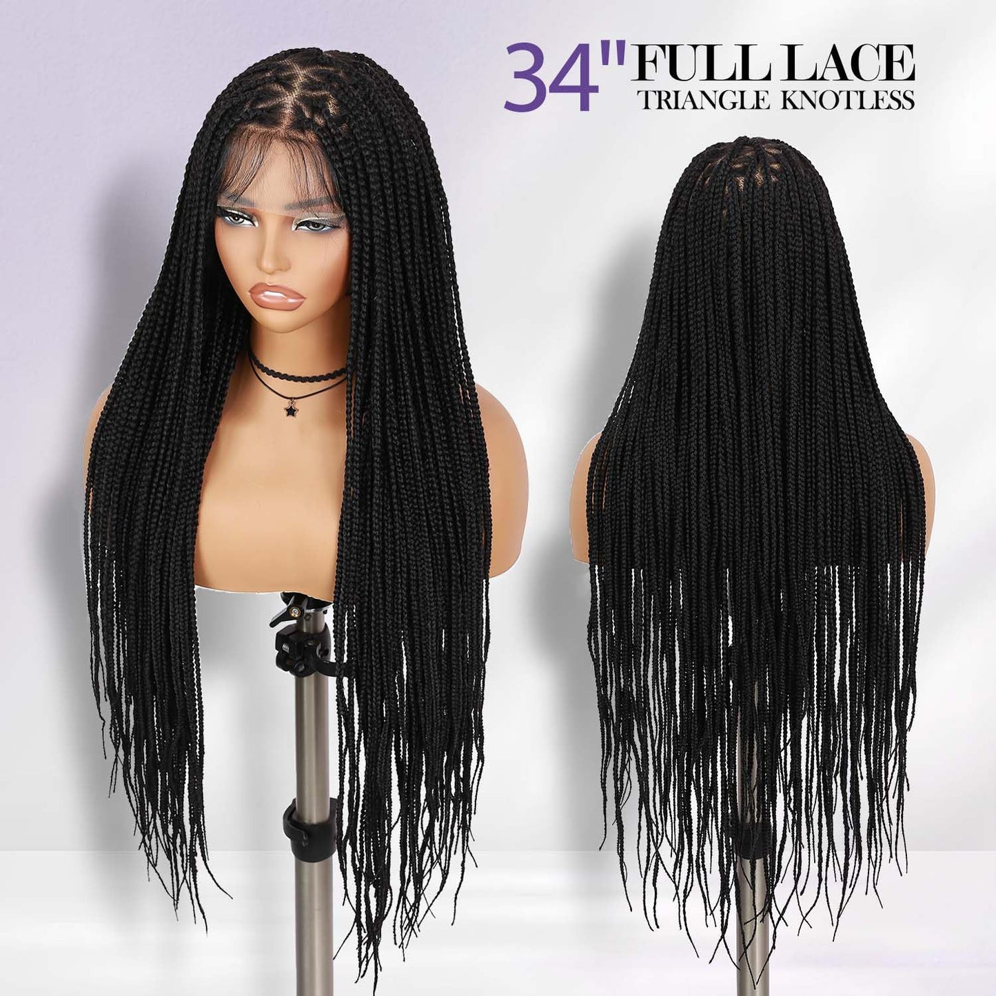 360 Full Lace Knotless Box Braided Wig, Long Black Synthetic Hair, Triangle Lace Front (Black, 34 inches)