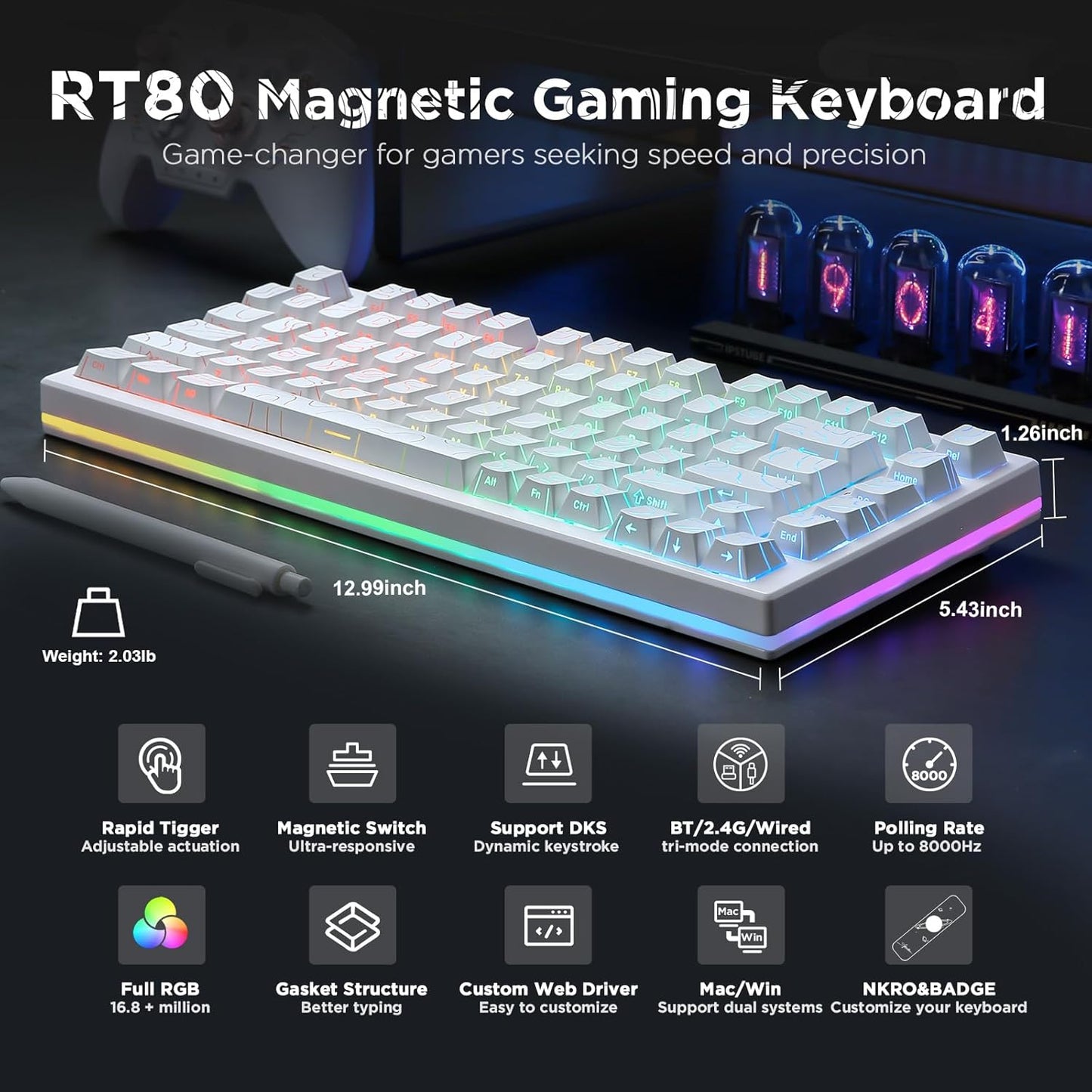 YUNZII RT80 Rapid Trigger Hall Effect Magnetic Gaming Keyboard, 8K Polling Rate, 75% Layout,BT/2.4GHz/Wired,RGB Backlit,Hot Swap,Adjustable Actuation Wireless for Win/Mac(Black, Gateron White)