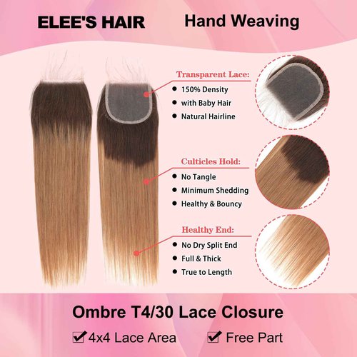 Ombre Straight Hair Bundles With Closure 12A Brazilian Virgin Remy Human Hair 2 Tone T4/30 Ombre Straight Human Hair Bundles with 4x4 Lace Closure Free Part (12 14 16 +12)