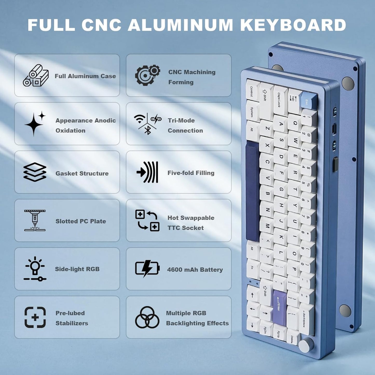 YUNZII AL66 Wireless Mechanical Keyboard(Milk Switch, Blue), 136 Keys MOA Keycaps(Purple)