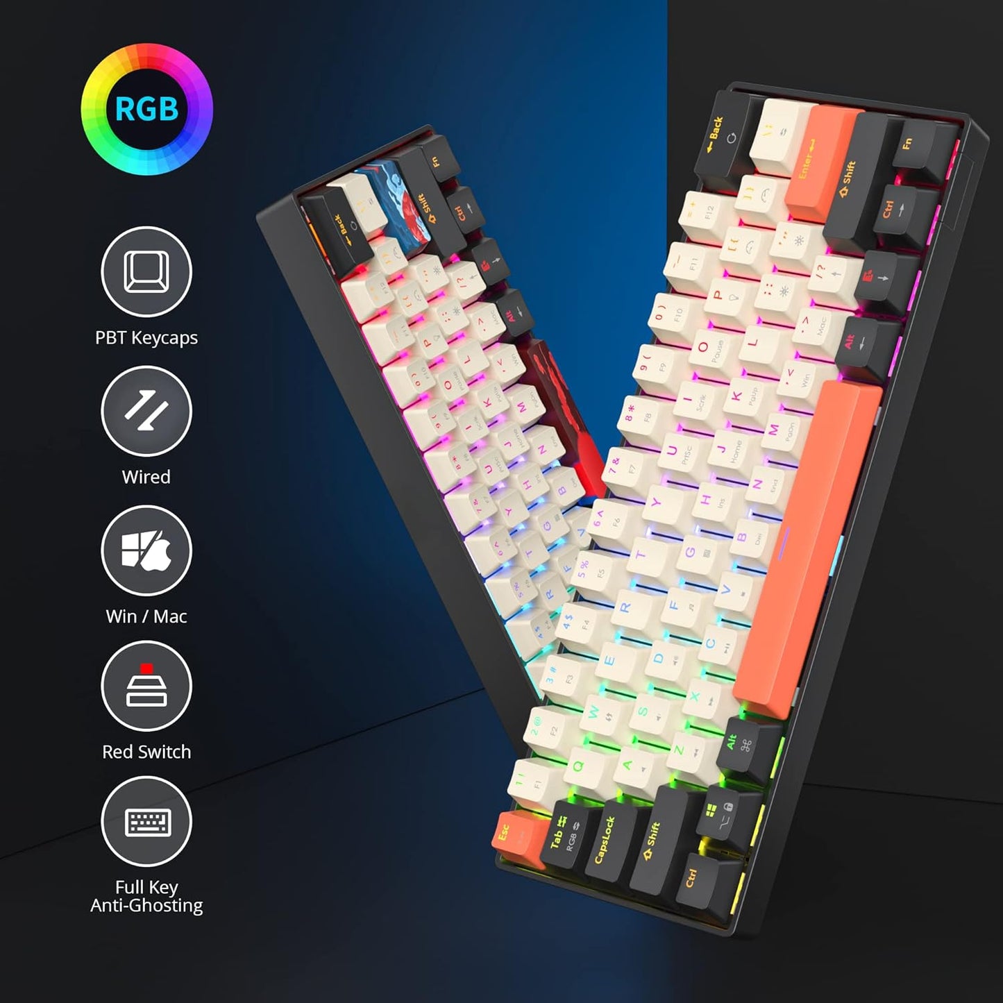 60 Percent Gaming Keyboard Mechanical with Linear Red Switch, 65% Wired Ultra-Compact Mini Keyboard Rainbow with PBT Keycaps for Ps4/Ps5/Xbox(68 MonsterB)