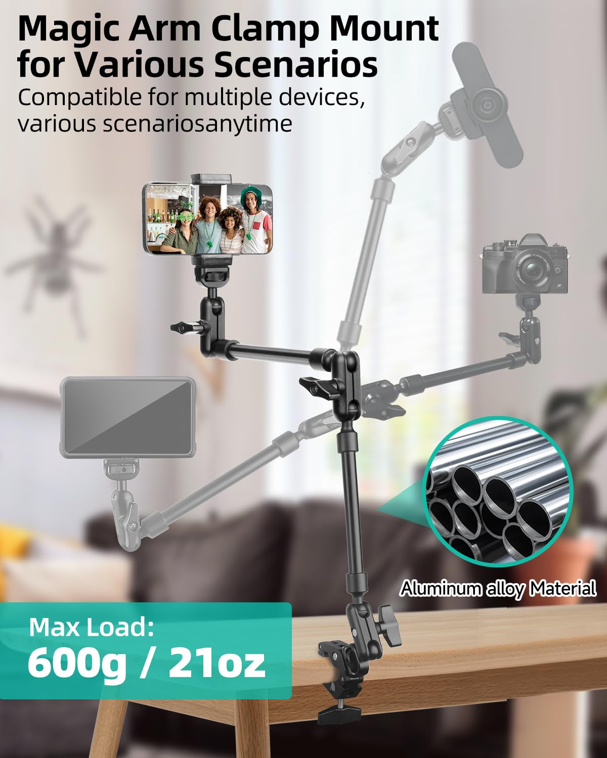 22" Magic Arm w Clamp, Overhead Phone Mount, Flexible Desk Camera Mount, Articulating Friction Boom Arm w Thread Adapter, for POV Shot, Light, Webcam, Mic, Action Camera, for Content Creators