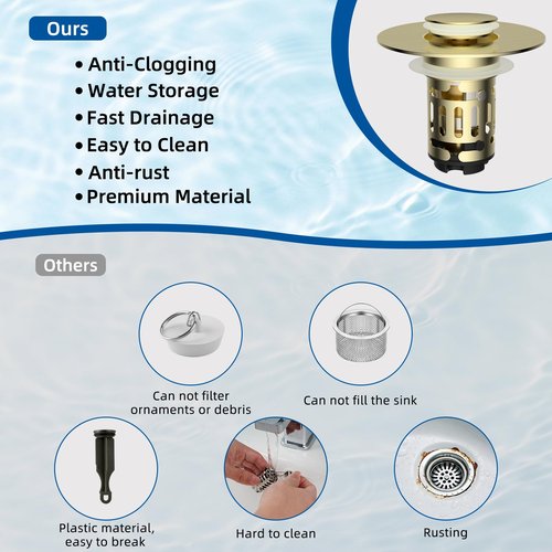 Hibbent 2 Pack Upgraded 3 in 1 Bathroom Sink Drain Strainer, Universal Pop Up Stopper with Removable Stainless Steel Filter Basket Hair Catcher, Sink Plug for 1.1''~2.36'' Basin, Brushed Gold