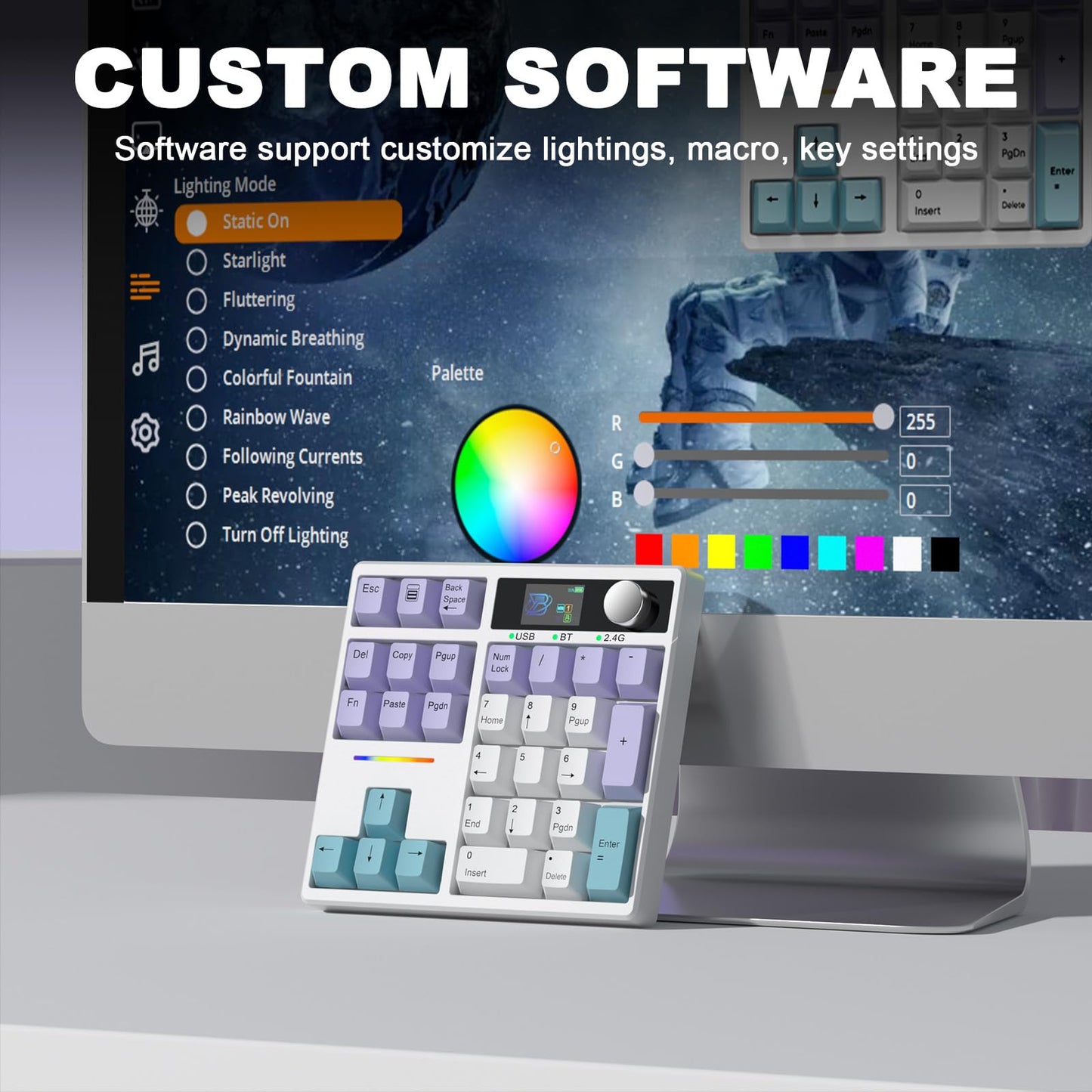 ZMX X BOYI TD31Pro Mechanical Number Pad,30 Keys Hot Swap Wireless BT5.0/2.4GHz/Type-C Wired Numeric Keypad Programmable RGB Gaming Numpad Keyboard with Knob Screen for Laptop/Mac (White-Purple)