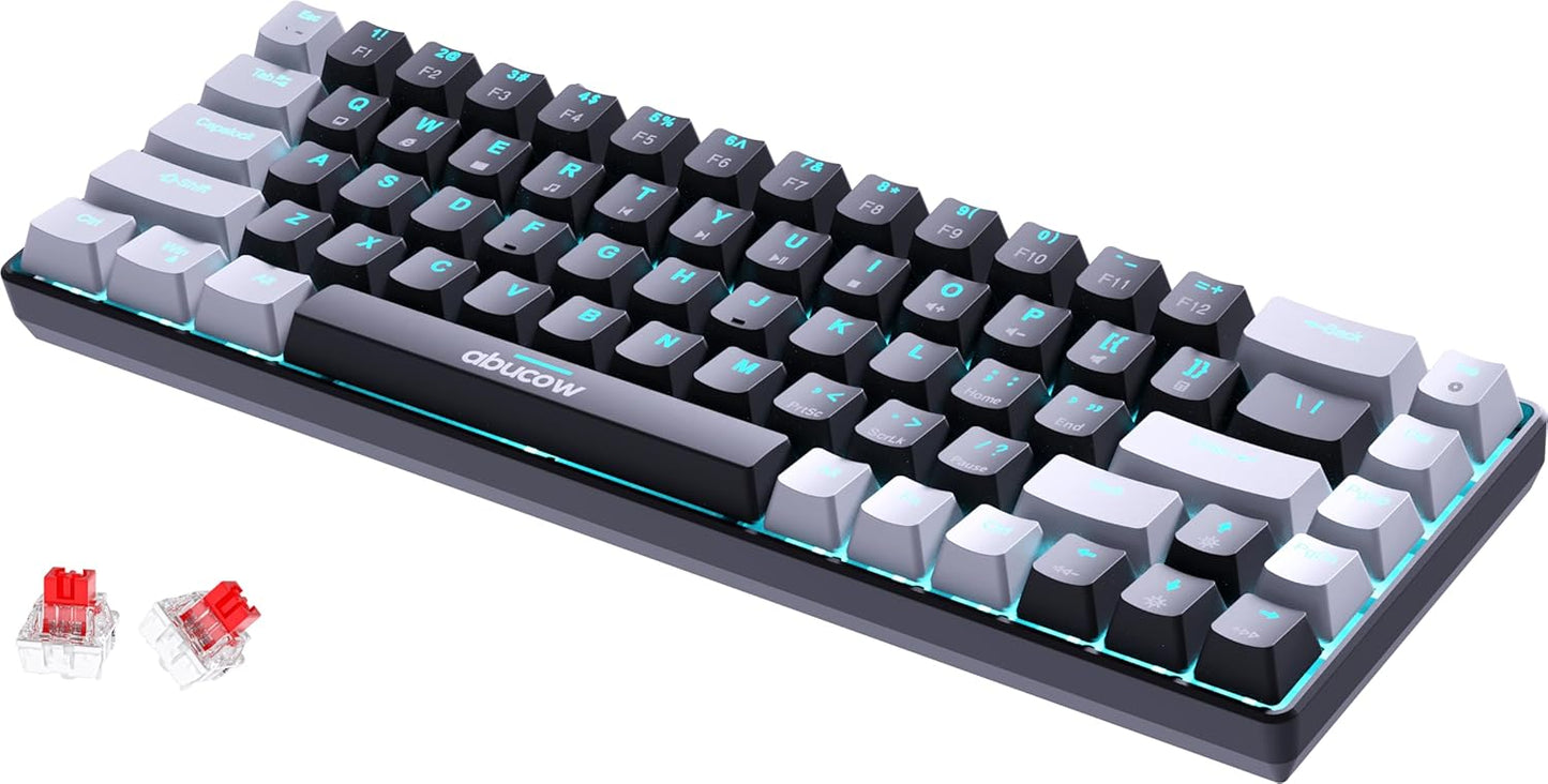abucow 60% Mechanical Keyboard with Blue Backlight 68-Key Gaming Keyboard White-Light Blue Keycaps - Red Switches for a Premium Typing and Gaming Experience PC Mac (White-Light Blue)