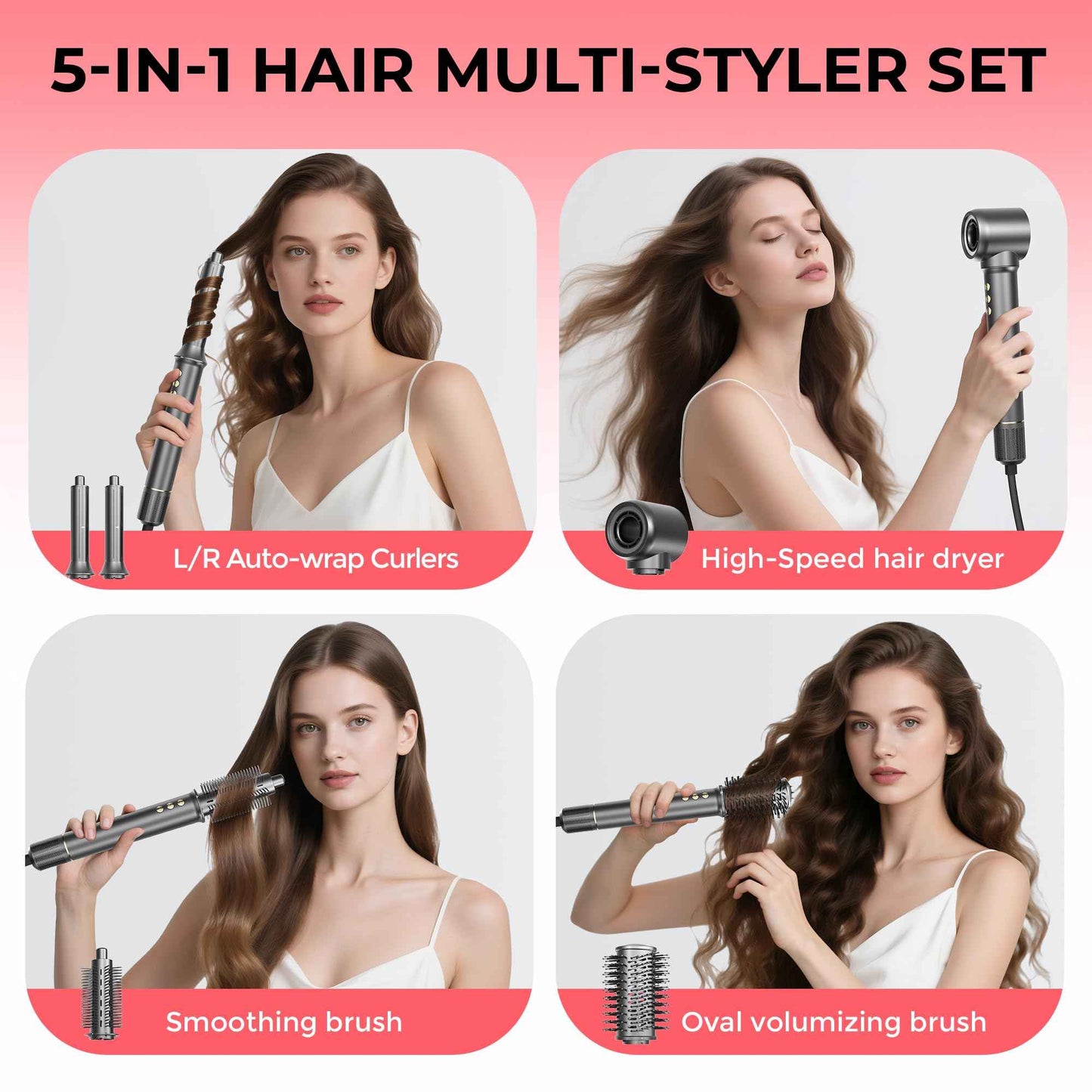 5 in 1 Hair Styler&Hair Dryer Brush,High-Speed Frizz-Free Blow Dryer,Ionic Fast Drying Hot Air Brush Air Styler Wrap, Auto Wrap Curler, Multi Styler Tools-Curl,Volumize, Straighten,Ideal Gift