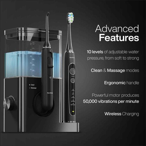 AquaSonic Home Dental Center PRO – Brushing & Flossing Made Easy – Brush & Floss – Power Toothbrush & Water Flosser – Whiter Teeth & Healthier Gums – Black Series Pro+Oral Irrigator