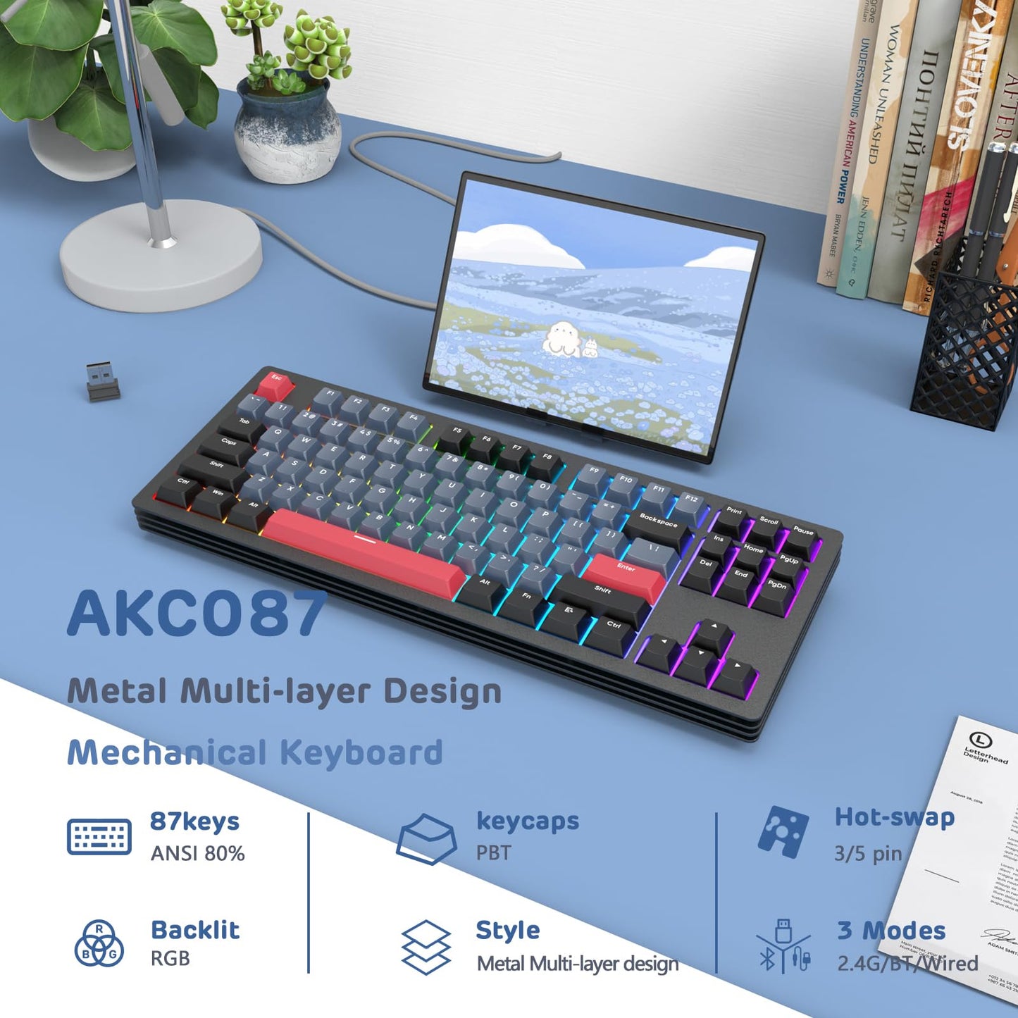 A.JAZZ AKC087 Mechanical Keyboard, Tri-Mode Wireless, Multi-Layer Metal Base, Compact 87 Keys TKL Layout, Retro Tricolor, Hotswappable RGB, for Win/Mac