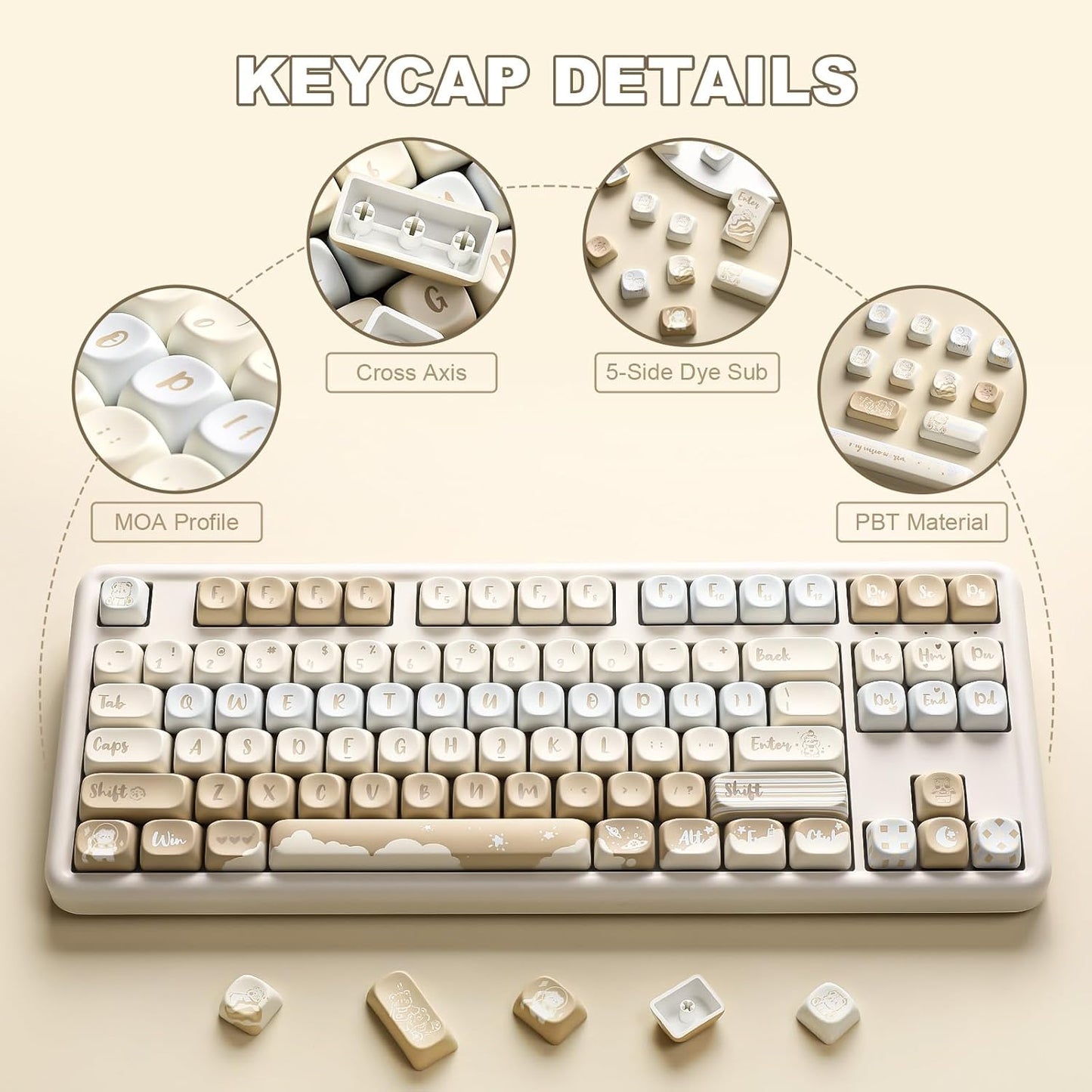 YUNZII 132 Keys MOA Keycaps, Dye-Sublimation PBT Custom Keycap Set for MOA Profile, Cute Bear Customized Pattern Keycaps for MX Switches Mechanical Gaming Keyboard (Purple)