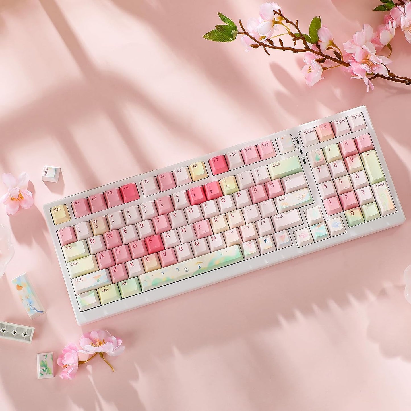YUNZII Spring Tea Dye Sub PBT Keycaps,145 Full Keys Dye Sublimation PBT Custom Keycap Set with Key Puller for Cherry Gateron MX Switches Mechanical Gaming Keyboard (Cherry Profile, Spring Tea)