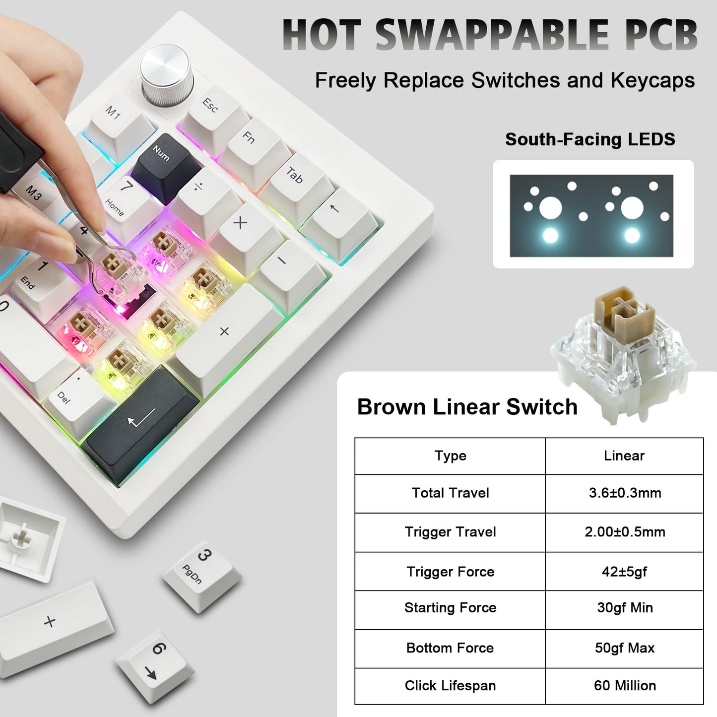 ZMX GMK26 Mechanical Numpad,VIA/QMK Programmable Hot Swappable Gasket Wired BT5.0/2.4G Wireless Number Pad with Knob PBT Keycaps 26 Keys Macro RGB Gaming Numeric Keypad for Laptop TKL Keyboard (White)
