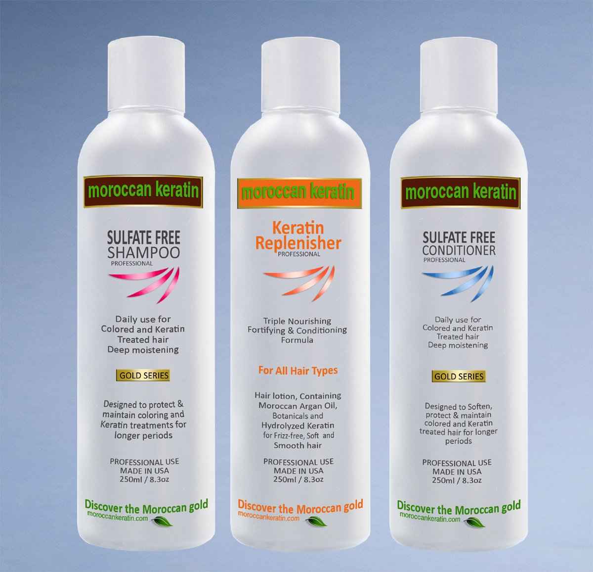 MOROCCAN KERATIN TRIPLE CARE KIT KERATIN REPLENISHER, SULFATE FREE SHAMPOO & CONDITIONER Important To maintain keratin treatments for longer period and great looking hair.