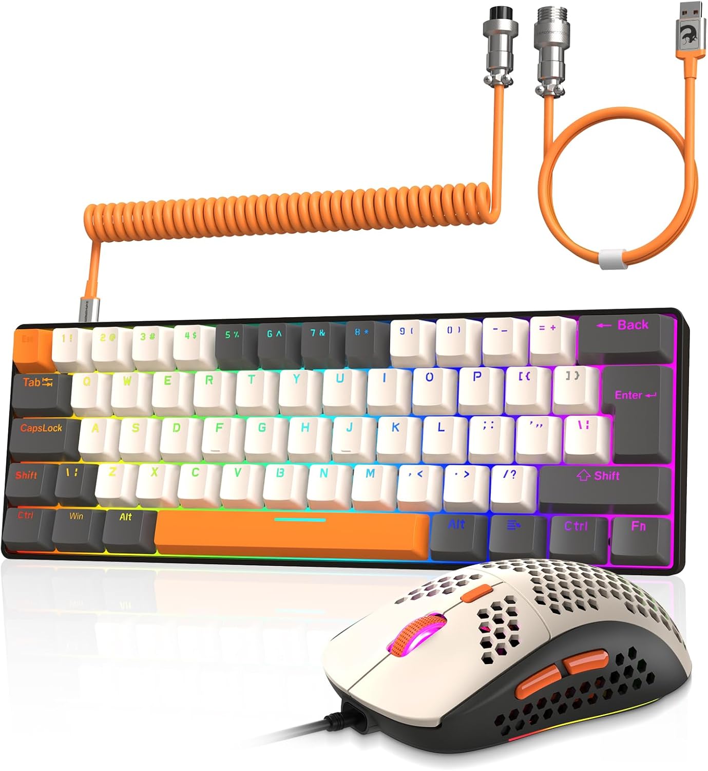 ZIYOU LANG RK-T60 Wired Mechanical Gaming Keyboard and Mouse Combo Portable with Rainbow Backlit 62Key NKRO 6400DPI RGB Honeycomb Mice Coiled Aviator Cable for PS4/PC/WIN Gamer(Light Gray/Red Switch)