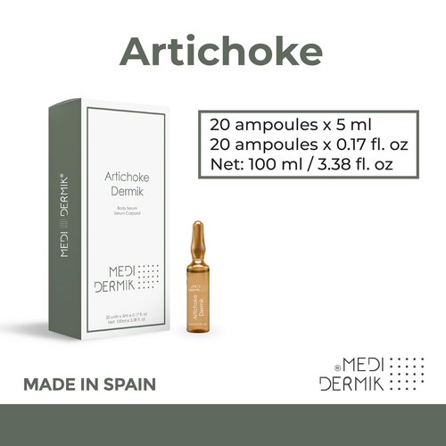 MEDIDERMIK ARTICHOKE. The artichoke extract is used in cellulite treatments. Aestheticians' favorite liquid ampoules. 20 x 5 ml / 20 x 0,17 fl. oz