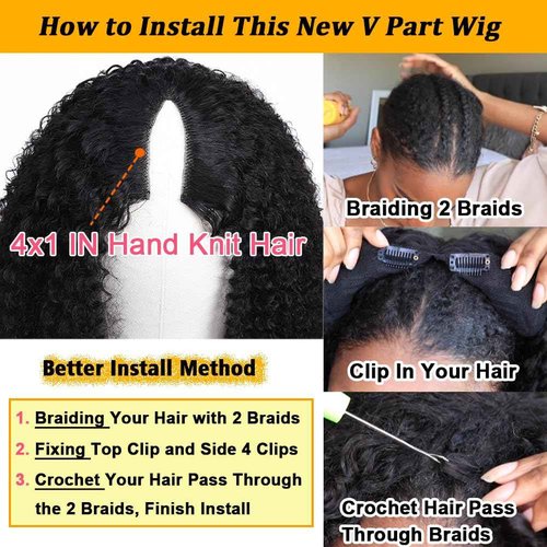 RAGMZZE V Part Wig Human Hair Kinky Curly Natural Black 16 Inch | Curly Human Hair Wig Upgrade U Part Human Hair Wigs for Black Women Glueless Wig Wear and Go 180 Density