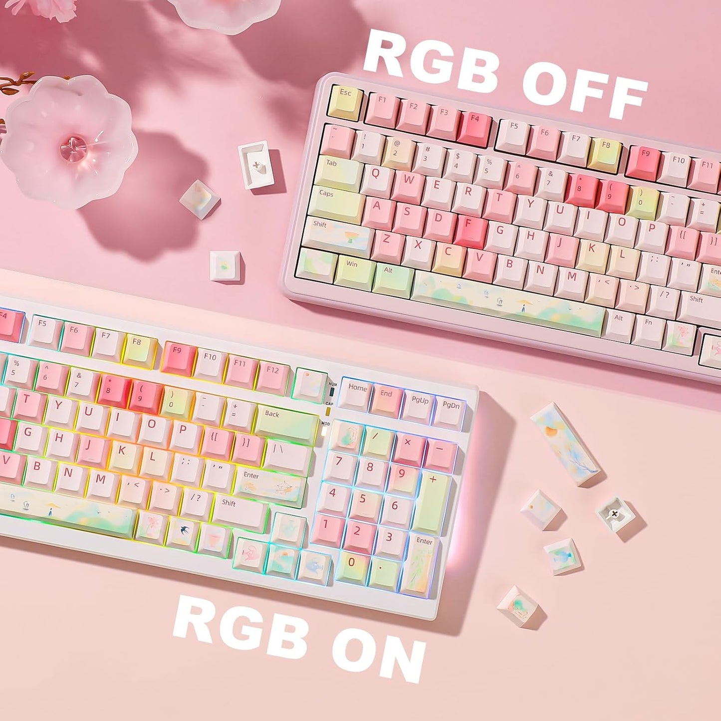 YUNZII Spring Tea Dye Sub PBT Keycaps,145 Full Keys Dye Sublimation PBT Custom Keycap Set with Key Puller for Cherry Gateron MX Switches Mechanical Gaming Keyboard (Cherry Profile, Spring Tea)