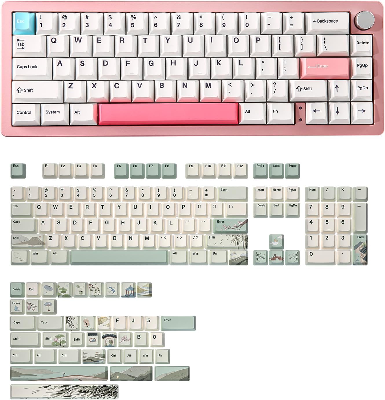 YUNZII AL66 Wireless Mechanical Keyboard for Win/Mac(Milk Switch, Pink), Spring Tea Dye Sub PBT Keycaps(Cherry Profile, Spring Tea)