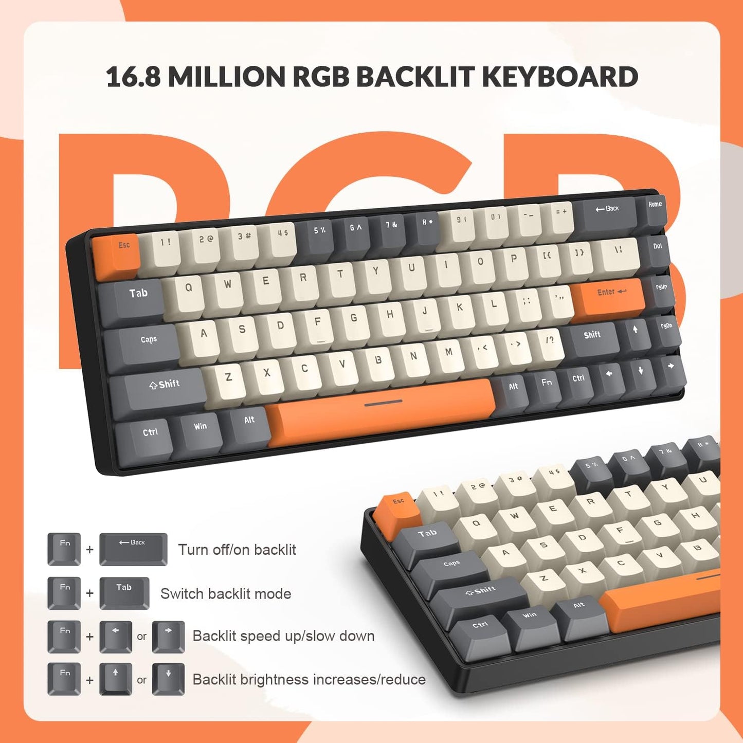 ZIYOU LANG RK-T8 Wired 65% Mechanical Gaming Keyboard with RGB LED Backlit Anti-ghosting TKL Mini 68 Key Custom Coiled C to A Cable Linear Red Switch for PS4 PS5 Xbox PC Mac Gamer(Gray/White/Orange)