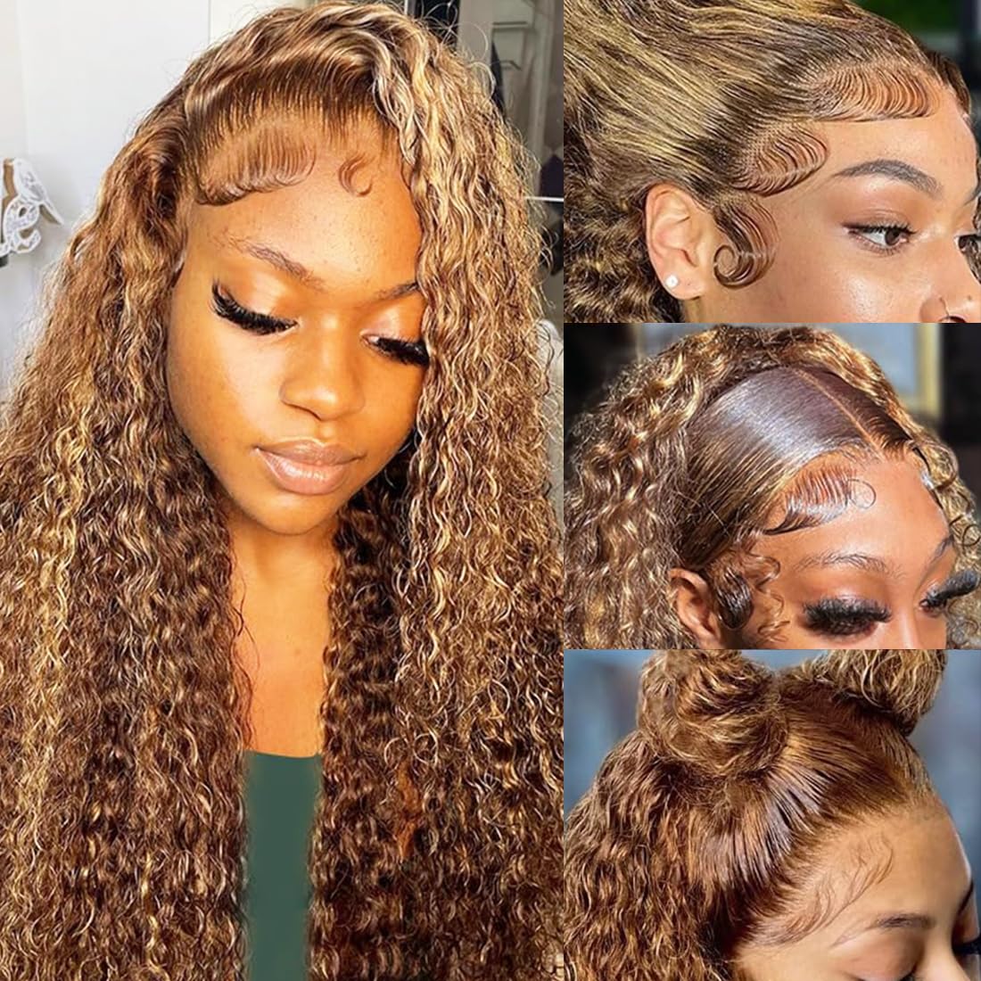 Honey Blonde 13x6 Deep Wave Lace Front Wigs Human Hair 22 inch 4/27 Highlight Ombre Deep Wave HD Transparent Lace Front Wigs Pre Plucked 200% Density Wet And Wavy Curly Lace Frontal Wig for Women