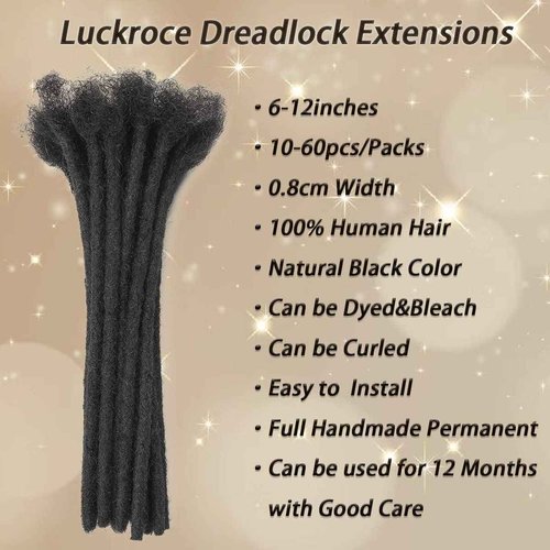 Loc Extension Human Hair 60 Strands 0.8cm Width 8inch 100% Full Handmade Permanent Dreadlock Extension Human Hair for Women/Men Can Be Dyed Bleached Curled (Width 0.8cm Natual Black)