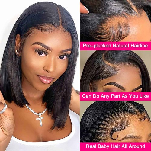 Brazilian Straight Bob Wig Human Hair 14 inch 13x4 HD Lace Front Wigs 180 Density Glueless Pre Plucked with Baby Hair 180% Density Glueless Short Human Hair Wigs for Black Women Natural Color