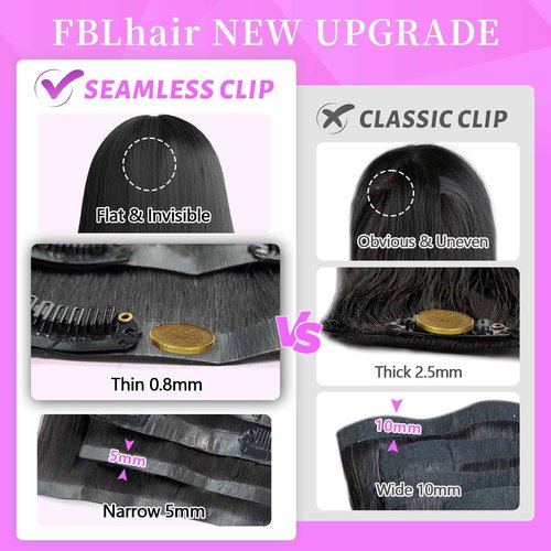 FBLhair 22 inch Seamless Body Wave Clip in Extensions Real Human Hair Extensions Clip Ins 110g 7pcs Thick Invisible Clip in Hair Extensions #1B Natural Black